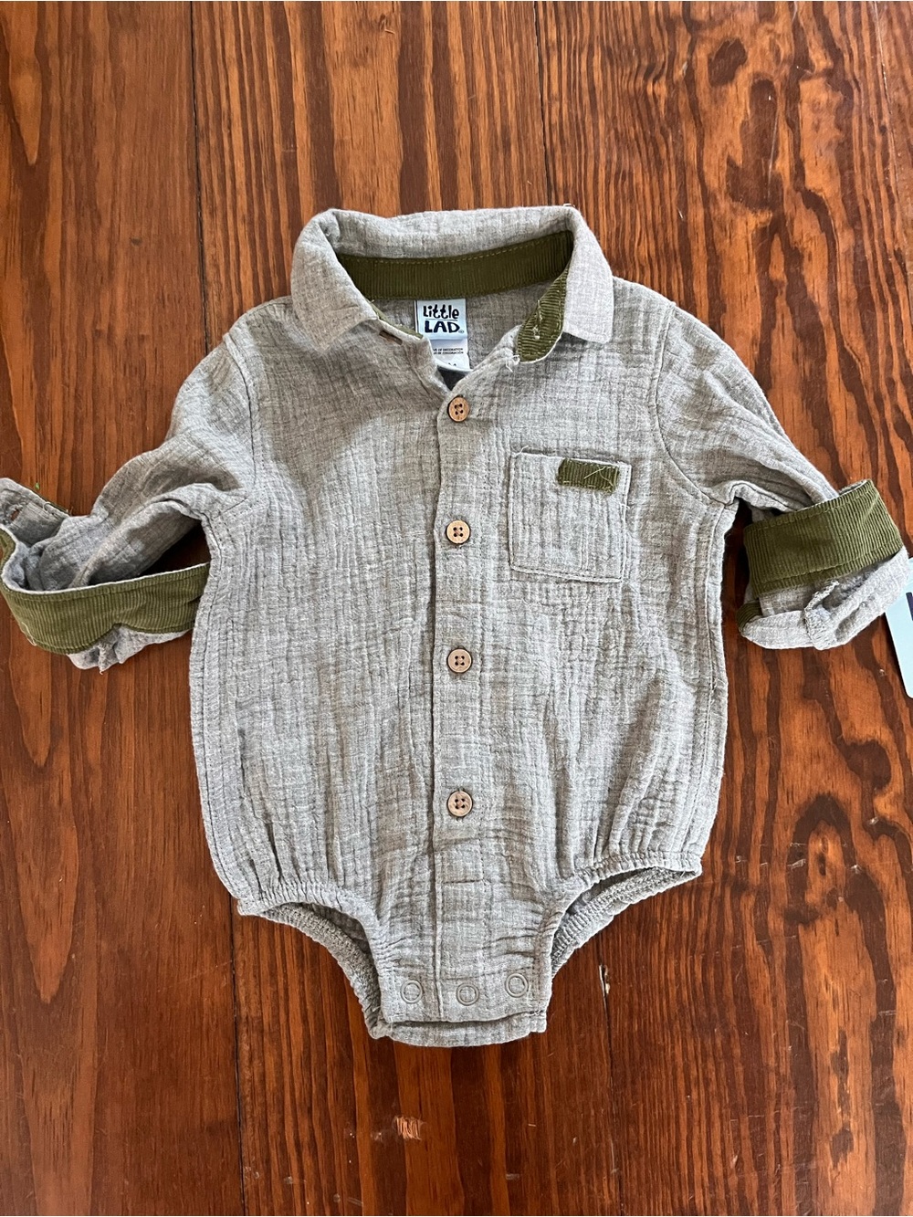Little Lad Cream Textured Button-Front One-Piece Bodysuit with Olive Trim